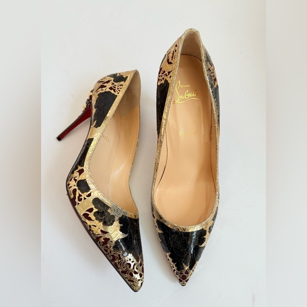 Christian Louboutin Black Gold Floral Laser Samurai Kanzai 85mm pumps EU 41